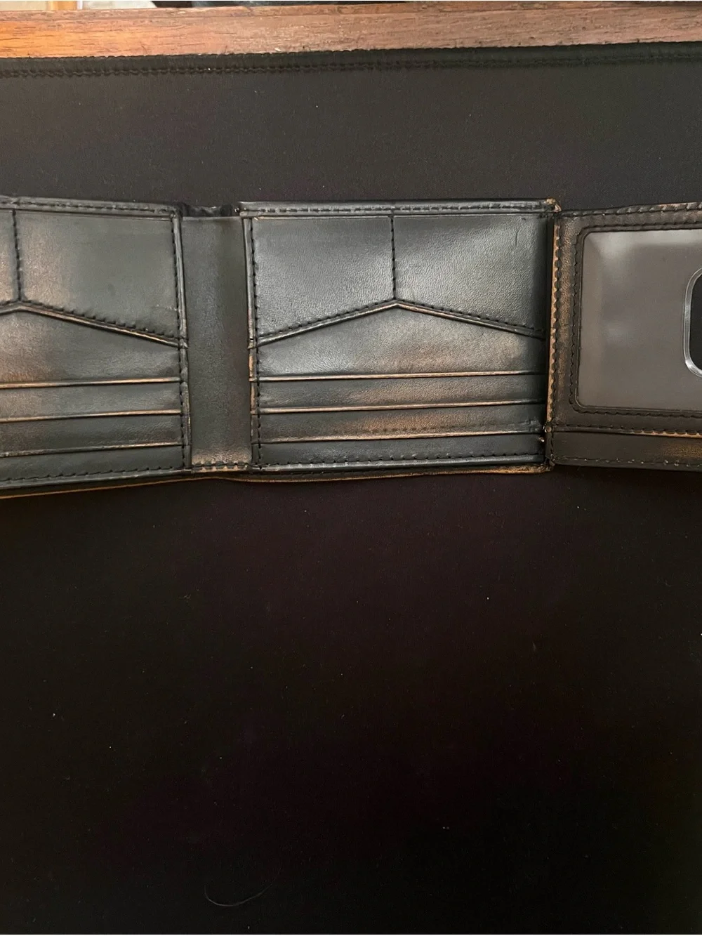 Fossil Black Leather Wallet with Tan Stitching